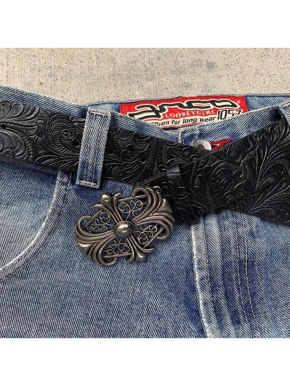 Y2k style Gothic Cross Chrome Silver black floral belt. Very cool unique belt.